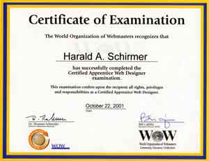 Certificate der World Organisation of Webmasters (WOW)