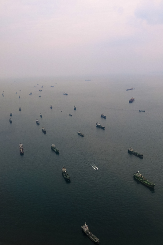 swarm of ships before Singapore port